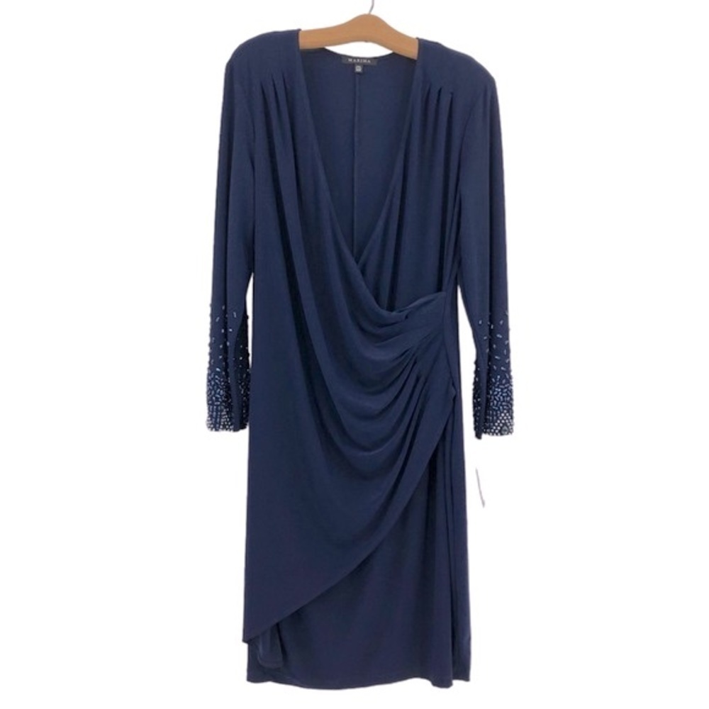 NEW MARINA Long Sleeve Faux Wrap Evening Dress Beaded Sleeve Detail Size 16W